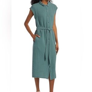 XiRENA Cotton Gauze Sleeveless Collared Button-Up Belted Midi Dress, Size XS